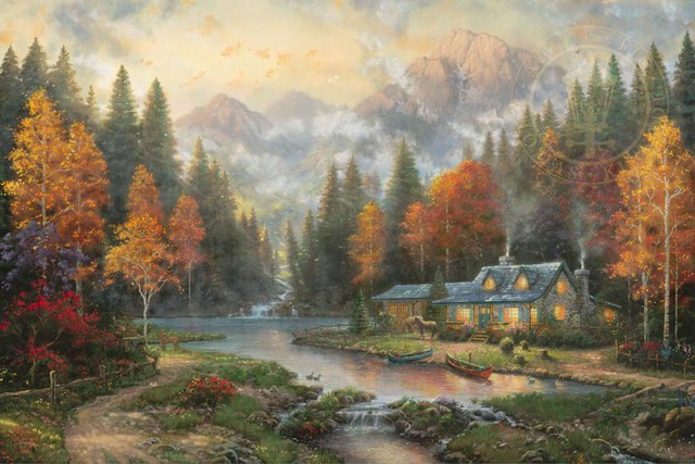 640x427 Thomas Kinkade Artwork Evening At Autumn Lake Original Painting - Thomas Kinkade Painting