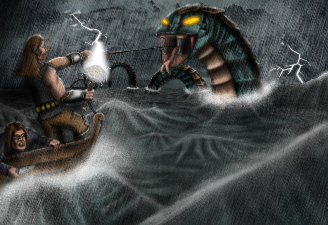 1079x741 Norse Mythology Thor Fishing For Jormungandr By Jed Stuart - Thor Norse Mythology Painting