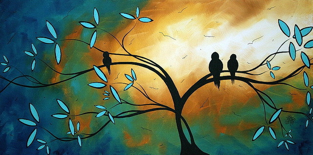 640x318 Modern Handmade Painting Three Birds Standing On Tree On Oil - Three Birds Painting