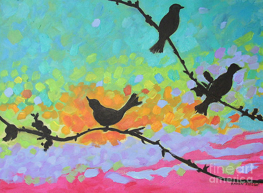 900x662 Three Birds Painting By Karen Fields - Three Birds Painting