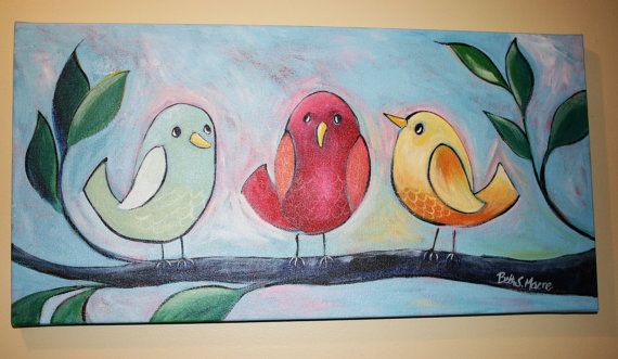 570x331 Whimsical Birds Painting On Canvas With Three Birds By Hearthomes - Three Birds Painting