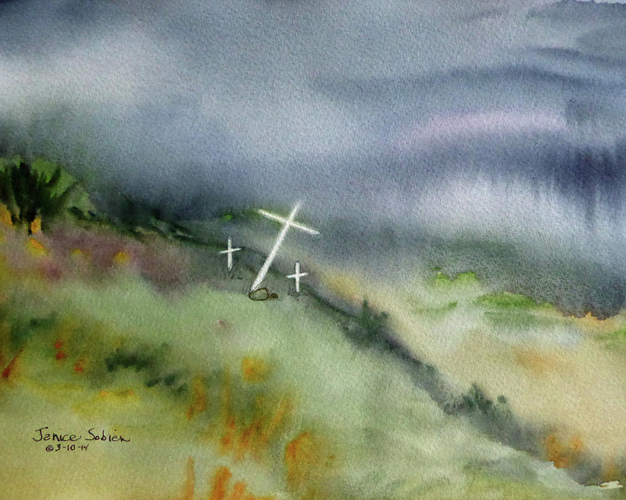 900x719 Three Crosses Painting By Janice Sobien - Three Crosses Painting