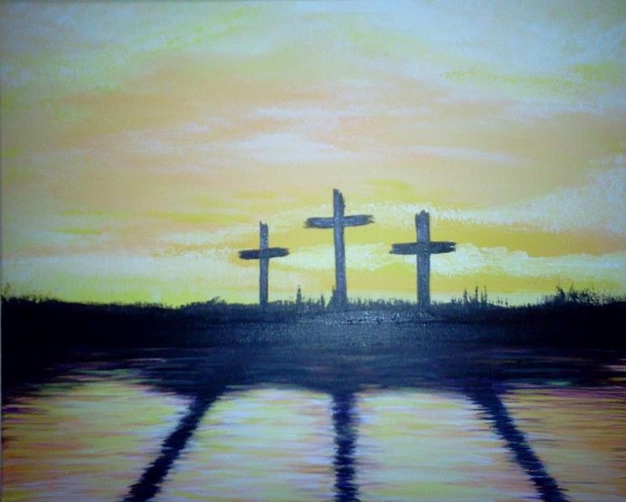 877x704 Three Crosses Sunrise Painting By James Bender - Three Crosses Painting