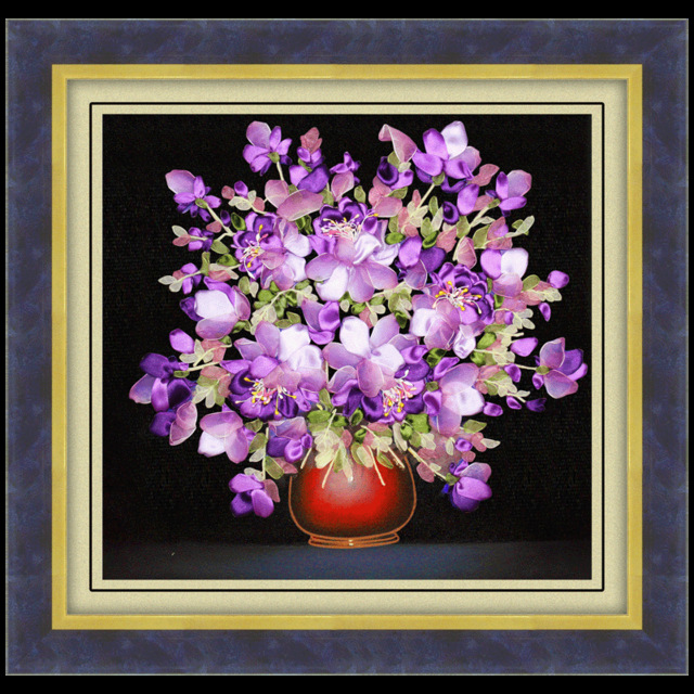 640x640 Diy Ribbon Embroidery Of Purple Flowers Three Dimensional Painting - Three Dimensional Painting