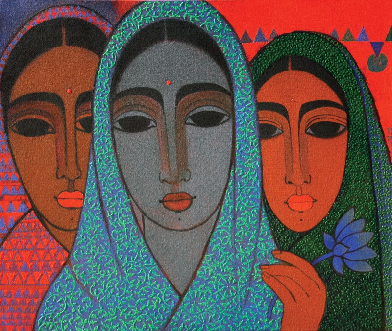 800x676 Three Girls By Artist Mamta Mondkar Figurative Art Acrylic - Three Girls Painting