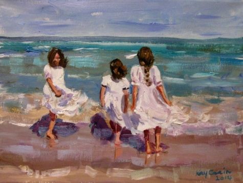 475x357 Three Girls On A Windy Beach Original Art Painting By Kay Crain - Three Girls Painting
