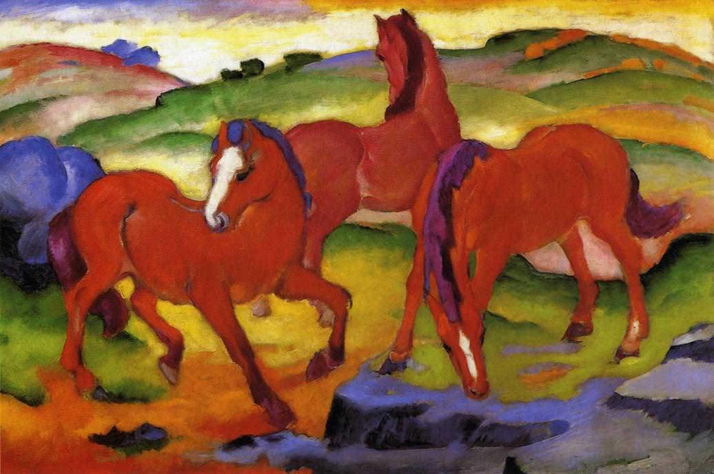 1036x687 The Red Horses By Franz Marc - Three Horses Painting