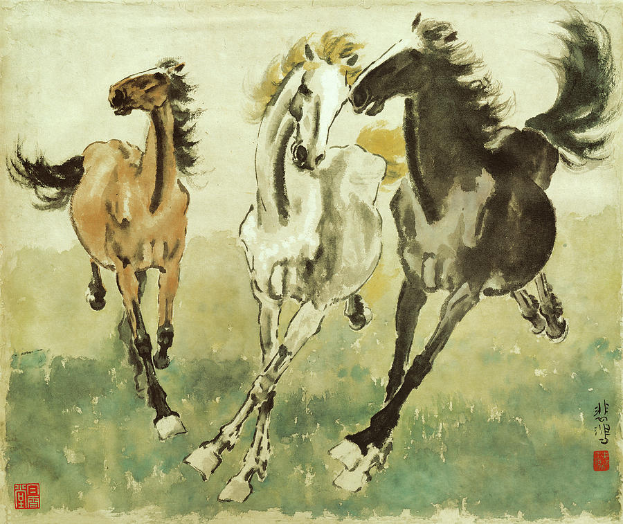 900x757 Three Horses Painting By Xu Beihong - Three Horses Painting