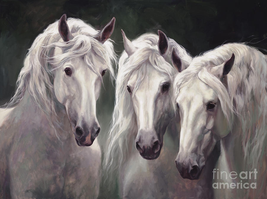 900x670 Three White Horses Painting By Laurie Hein - Three Horses Painting