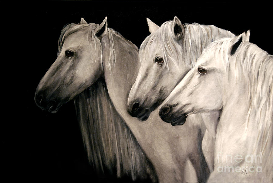 900x602 Three White Horses Painting By Nancy Bradley - Three Horses Painting