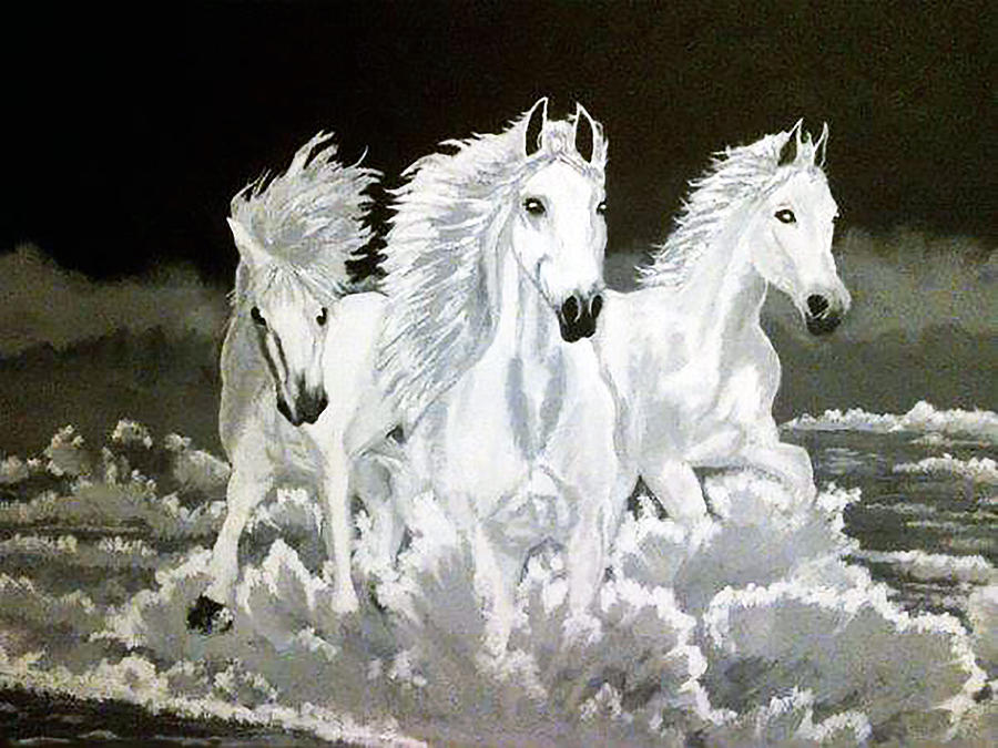 900x675 Three White Horses Painting By Vanny Sok - Three Horses Painting