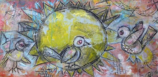 640x313 Chris Cheng Artwork Three Little Birds Original Mixed Media - Three Little Birds Painting