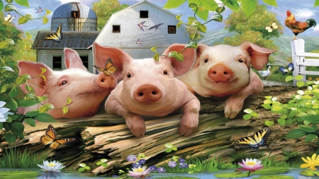 450x253 Three Little Pigs With Butterflies - Three Little Pigs Painting