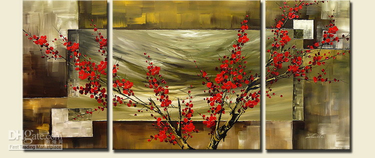 750x316 Original Asian Blossom Abstract Zen Art Paintingthree Parts Oil - Three Painting