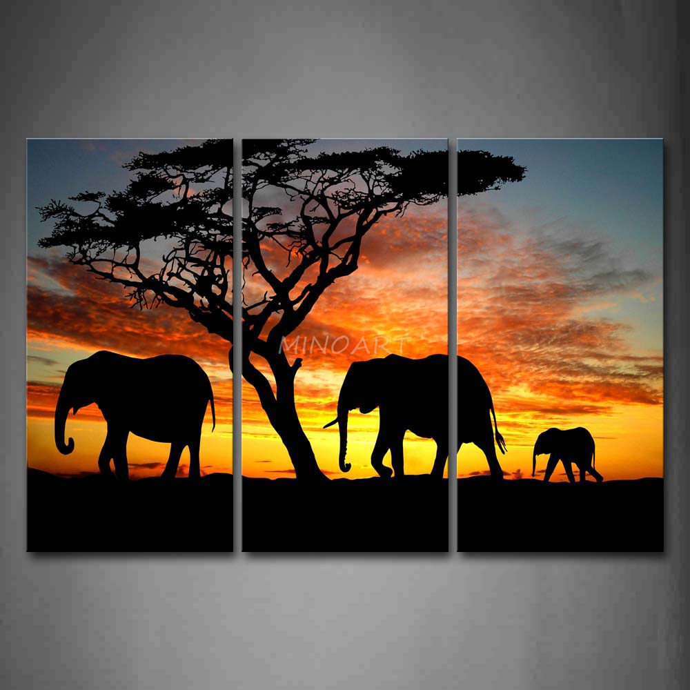 1000x1000 3 Piece Wall Art Painting Three Elephants Walk Near Tree Picture - Three Painting