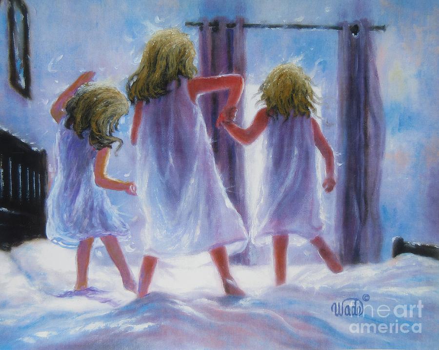 900x719 Three Blonde Sisters Jumping On The Bed Painting By Vickie Wade - Three Sisters Painting