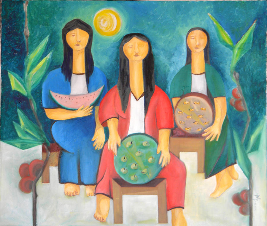 900x761 Three Women Vendors Painting By Miriam Besa - Three Women Painting