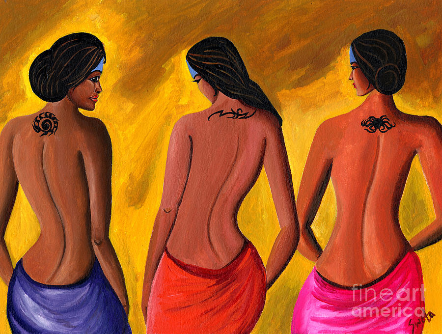 900x680 Three Women With Tattoos Painting By Sweta Prasad - Three Women Painting