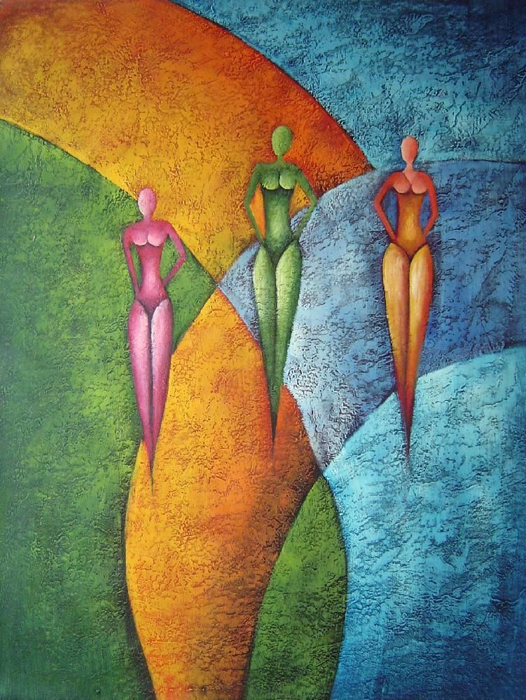 751x998 Three Women With Bikini In Green, Purple And Orange Oil Painting - Three Women Painting