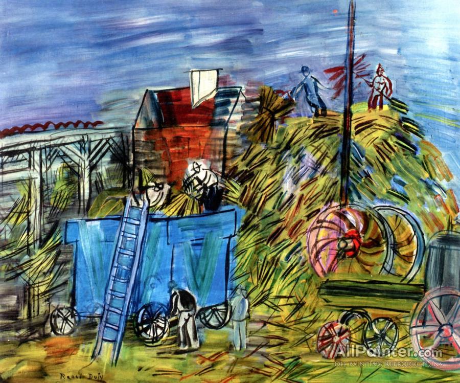 900x749 Raoul Dufy Threshing With A Blue Machine Oil Painting - Threshing Painting