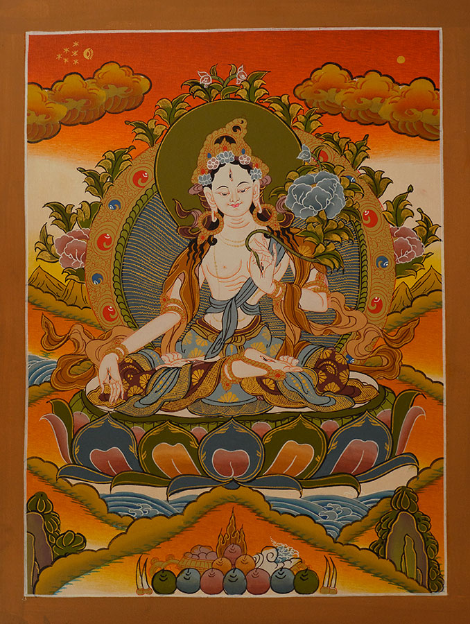 678x900 Tibetan Thangka Painting White Tara (Beige, Orange) 375mm X - Tibetan Thangka Painting