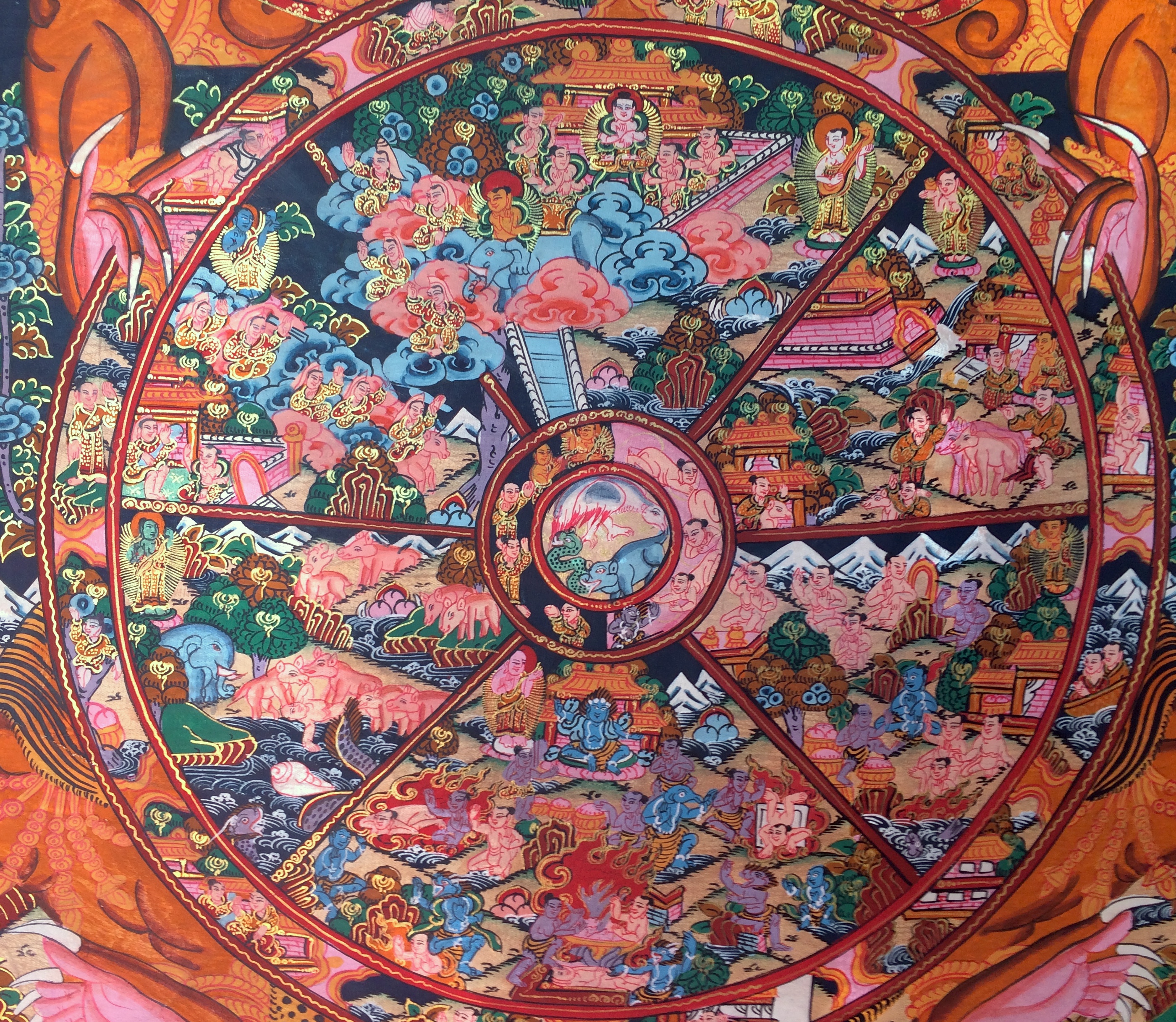 2801x2435 Bhavacakra Wheel Of Life Gold Leaf Tibetan Silk Frame Thangka - Tibetan Thangka Painting