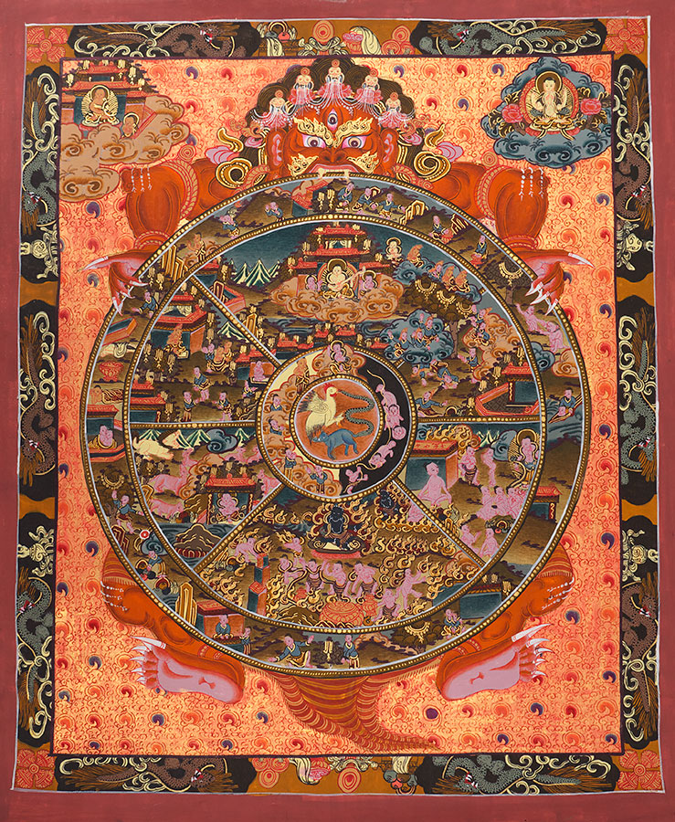 739x900 Framed Tibetan Thangka Painting The Wheel Of Life (Red, Orange - Tibetan Thangka Painting