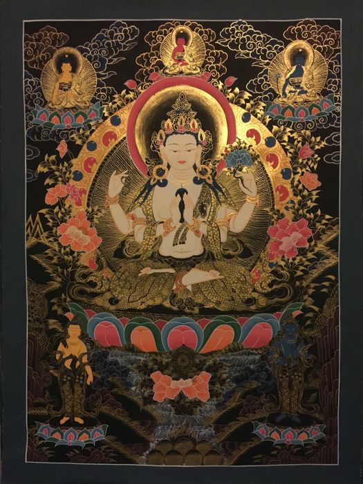 525x700 Hand Painted Master Piece Chenrezig Sadaksari Lokeshvara Thangka - Tibetan Thangka Painting