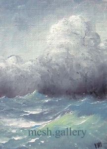 216x300 Mesheryakov Aceo Original Oil Painting Contemporary Pacific Ocean - Tidal Wave Painting