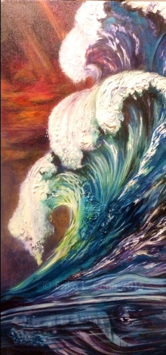 531x1136 Acrylic Ocean Tidal Wave Whale Dreamscape Painting 12x24 - Tidal Wave Painting