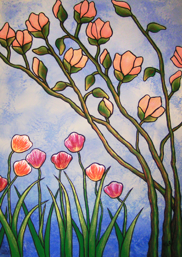 373x526 Peach Magnolias (Tiffany Style Painting) Kerri Bennett Williamson - Tiffany Painting