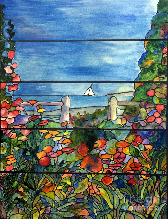 694x900 Stained Glass Tiffany Landscape Window With Sailboat Painting By - Tiffany Painting