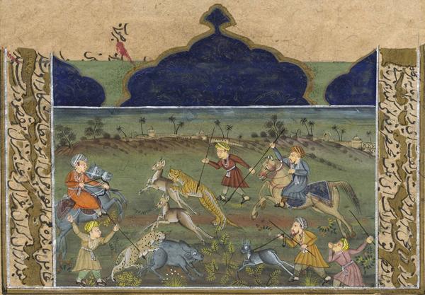 600x417 Indian Mughal Miniature With Tiger Hunt - Tiger Hunt Painting