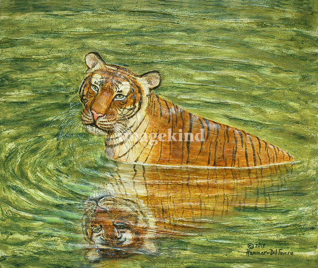 650x547 Peaceful Tiger In Jungle Pool Painting By Linda Hammar - Tiger In The Jungle Painting