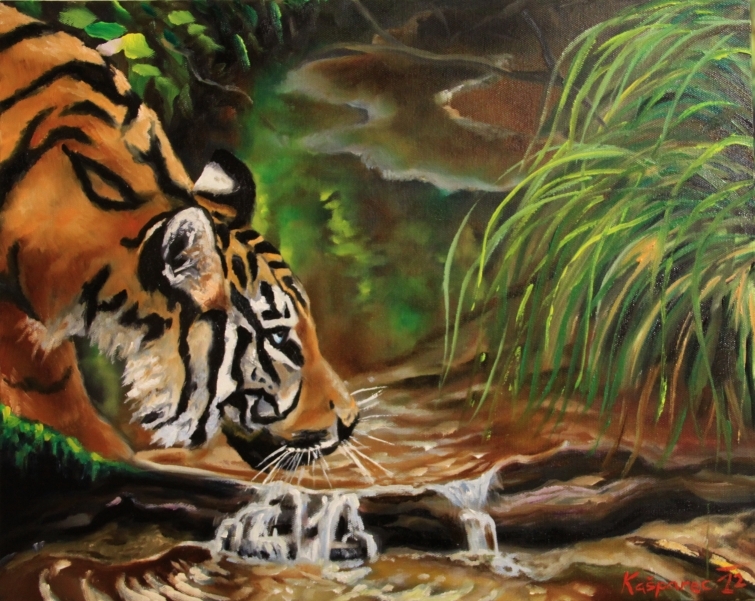 755x601 Drinking Tiger - Tiger In The Jungle Painting