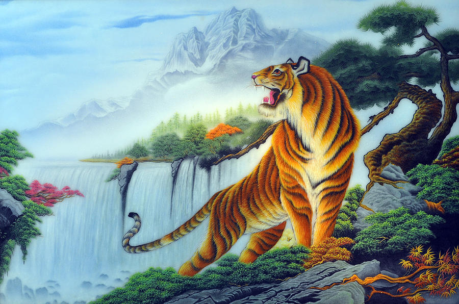 900x596 Pine Trees And Tiger Painting By Created By Handicap Artists - Tiger Painting