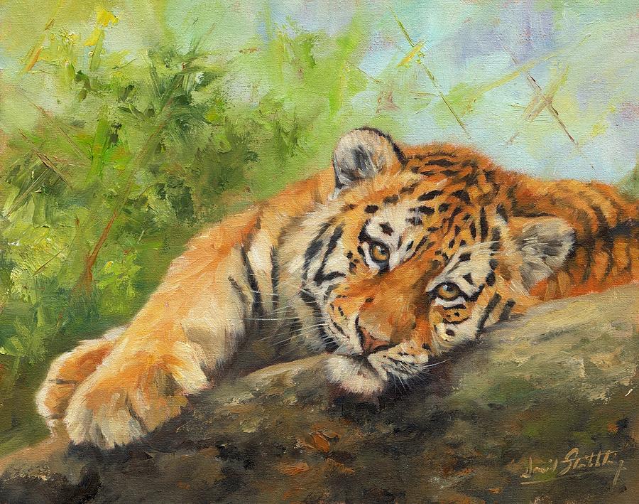 900x709 Tiger Cub Resting Painting By David Stribbling - Tiger Painting