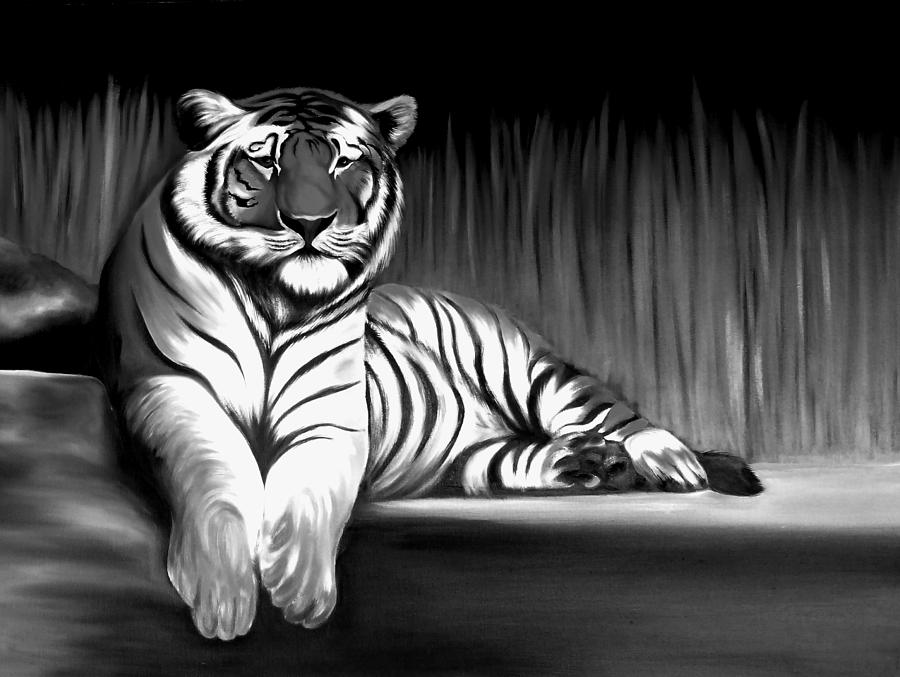 900x677 Black And White Tiger Painting By Xafira Mendonsa - Tiger Painting Black And White