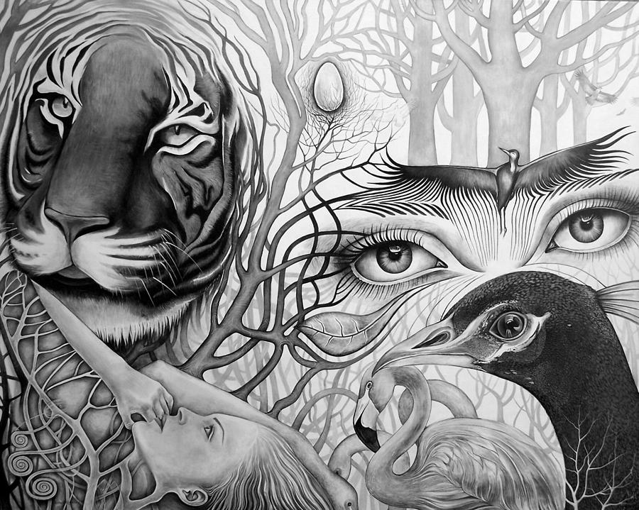 900x719 Black Forest Painting By Fatima Azimova - Tiger Painting Black And White