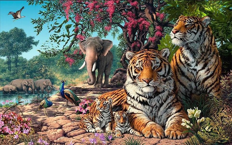 960x601 Custom 3d Photo Wallpaper Kids Room Mural Tiger Elephant Peacock - Tiger Painting For Kids