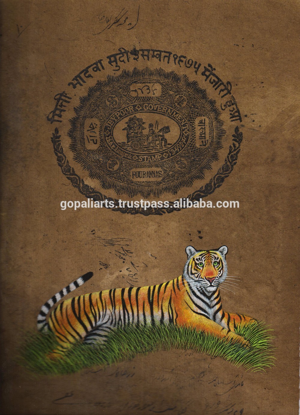 1000x1386 Indian Animal Ethnic Tiger Painting On Old Stamp Paper Watercolor - Tiger Painting Images