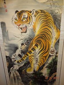 225x300 Vintage Asian Wall Hanging Scroll Tiger Painting, Artist Signed Ebay - Tiger Painting Images