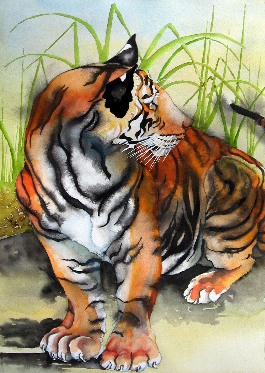 1068x1500 Tiger In The Grass Working With Ink And Watercolor Leslie White - Tiger Painting Watercolor