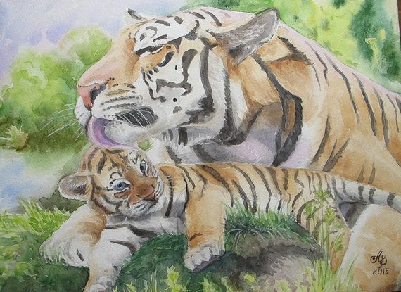 570x415 Tigress And Cub Original Watercolor Painting Handmade 12 X16 - Tiger Painting Watercolor