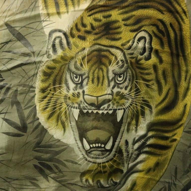 768x768 Antique Chinese Scroll Painting Of Stalking Tiger, Watercolor - Tiger Painting Watercolor