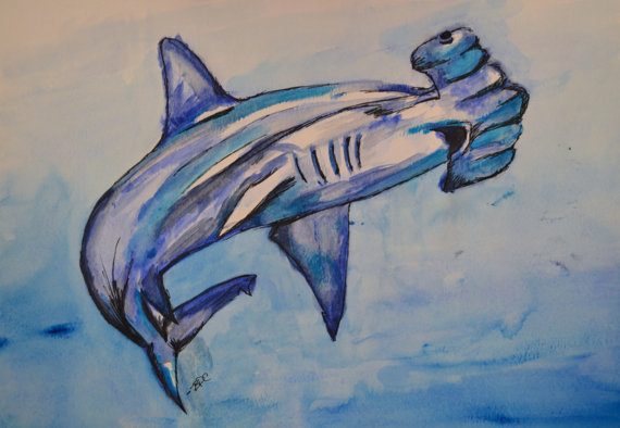 570x394 Hammerhead Shark Painting Art Print Giclee Water Shark - Tiger Shark Painting