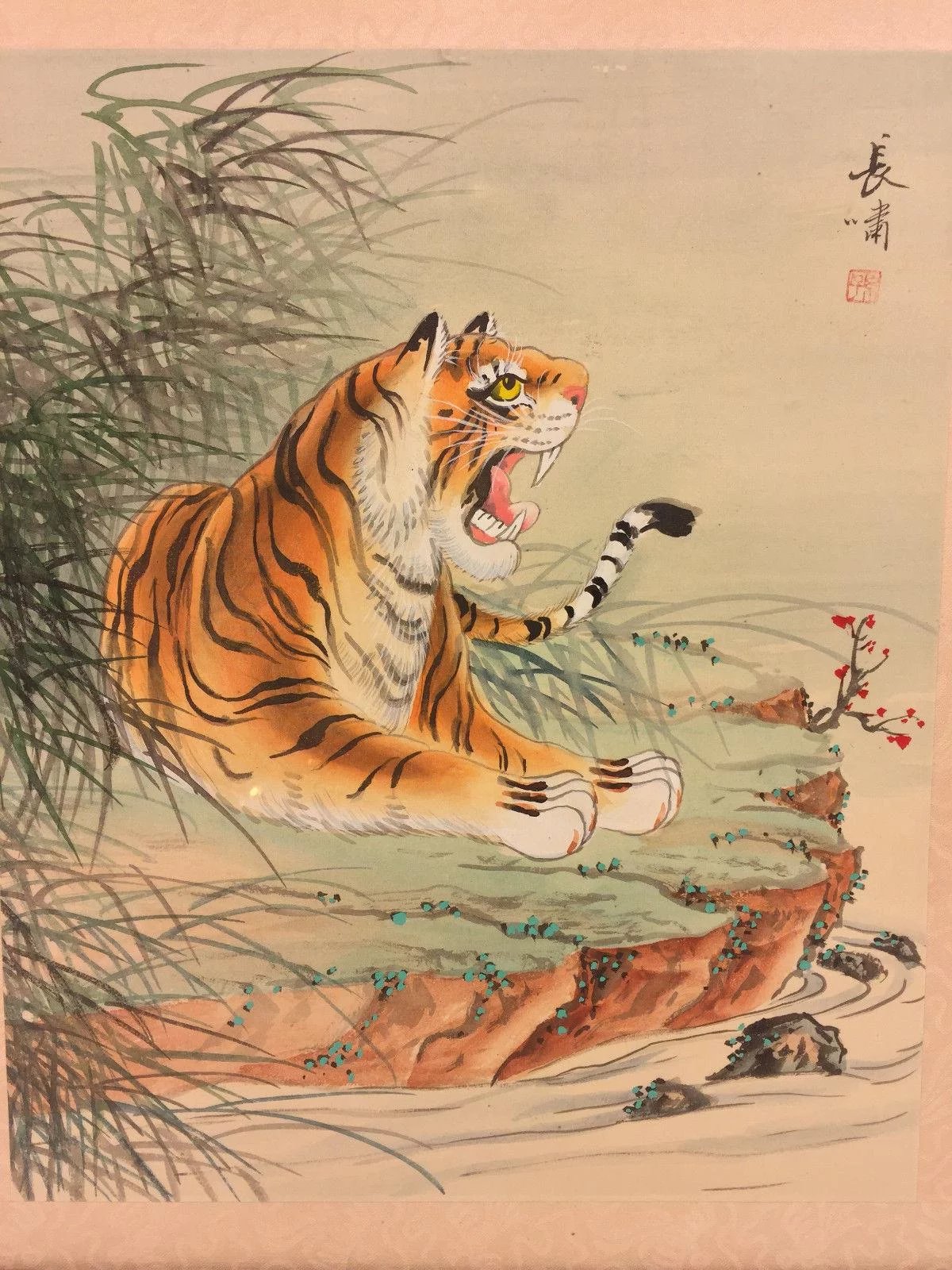 1200x1600 Vintage 3 Chinese Tiger Watercolor Paintings On Silk Framed - Tiger Watercolor Painting