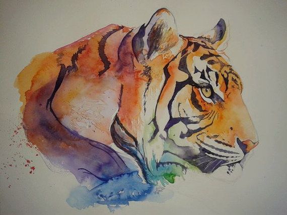 570x428 Rainbow Tiger Original Watercolour Painting By Laurasladeart - Tiger Watercolor Painting