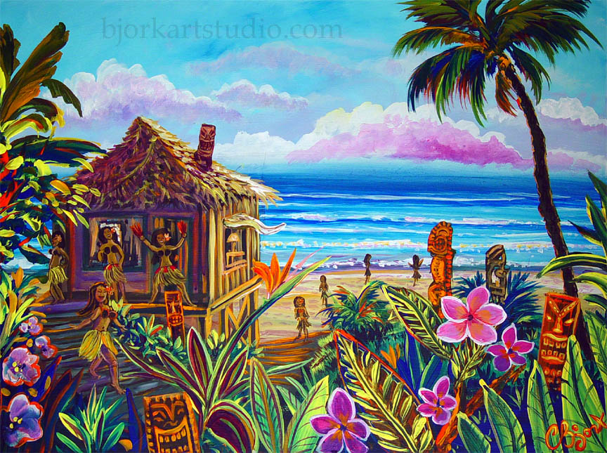 864x645 Original Paintings ,a  Hawaiian - Tiki Hut Painting