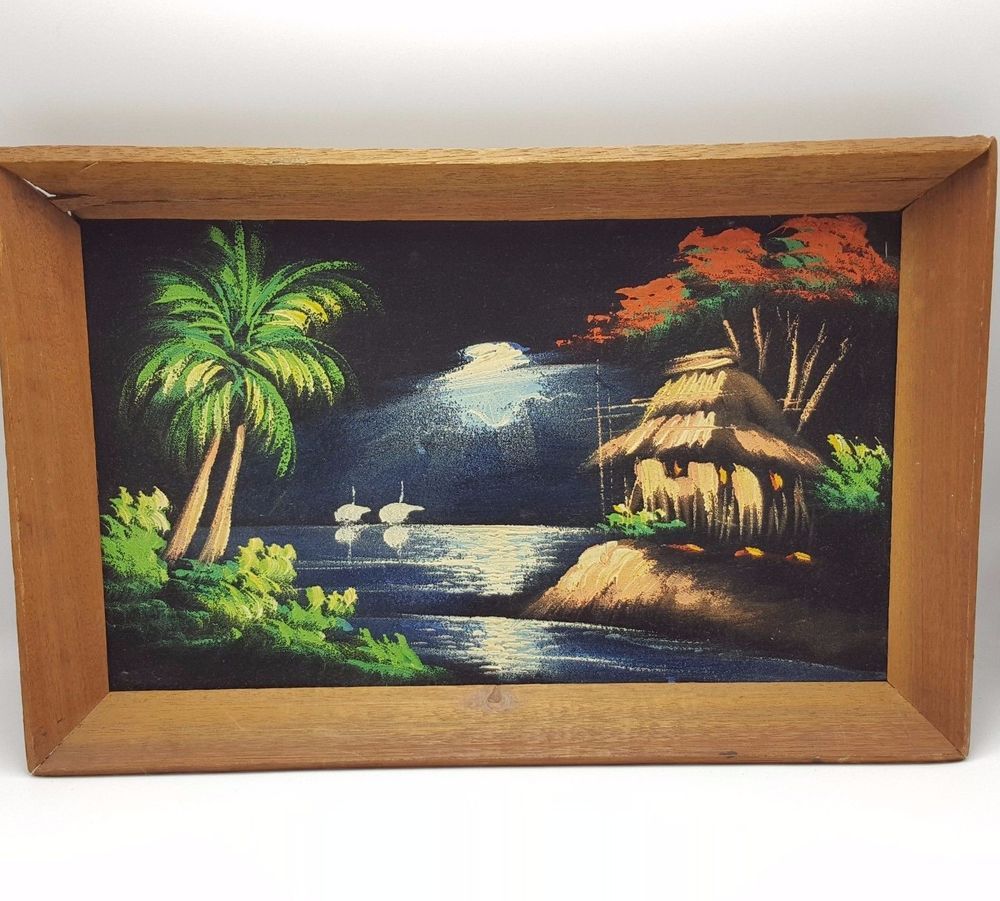1000x901 Tiki Black Velvet Painting Palm Tree Hut 1960s 1967 Bar 17 Inch - Tiki Hut Painting